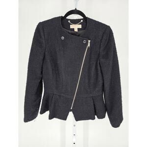Michael Kors Women's Sz 6 Black Bouclé Fitted Peplum Motto Zip Jacket